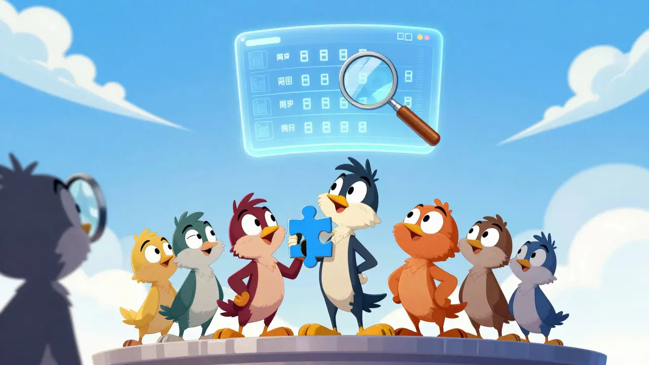 Group of cartoon oracles verifying data on a floating digital ledger