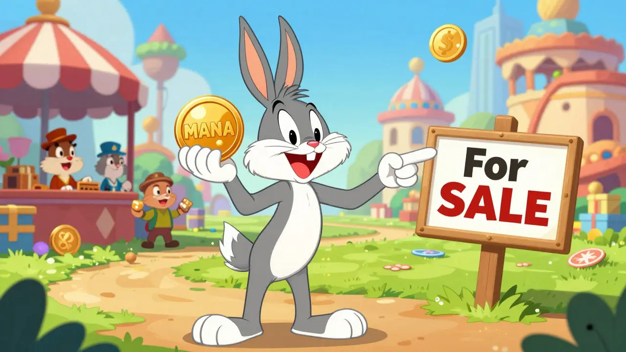 Happy cartoon avatar holding crypto coins in a virtual market