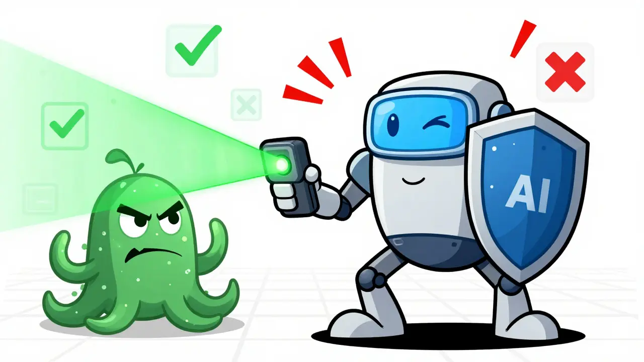 Heroic AI shield character scanning and blocking a malicious token monster
