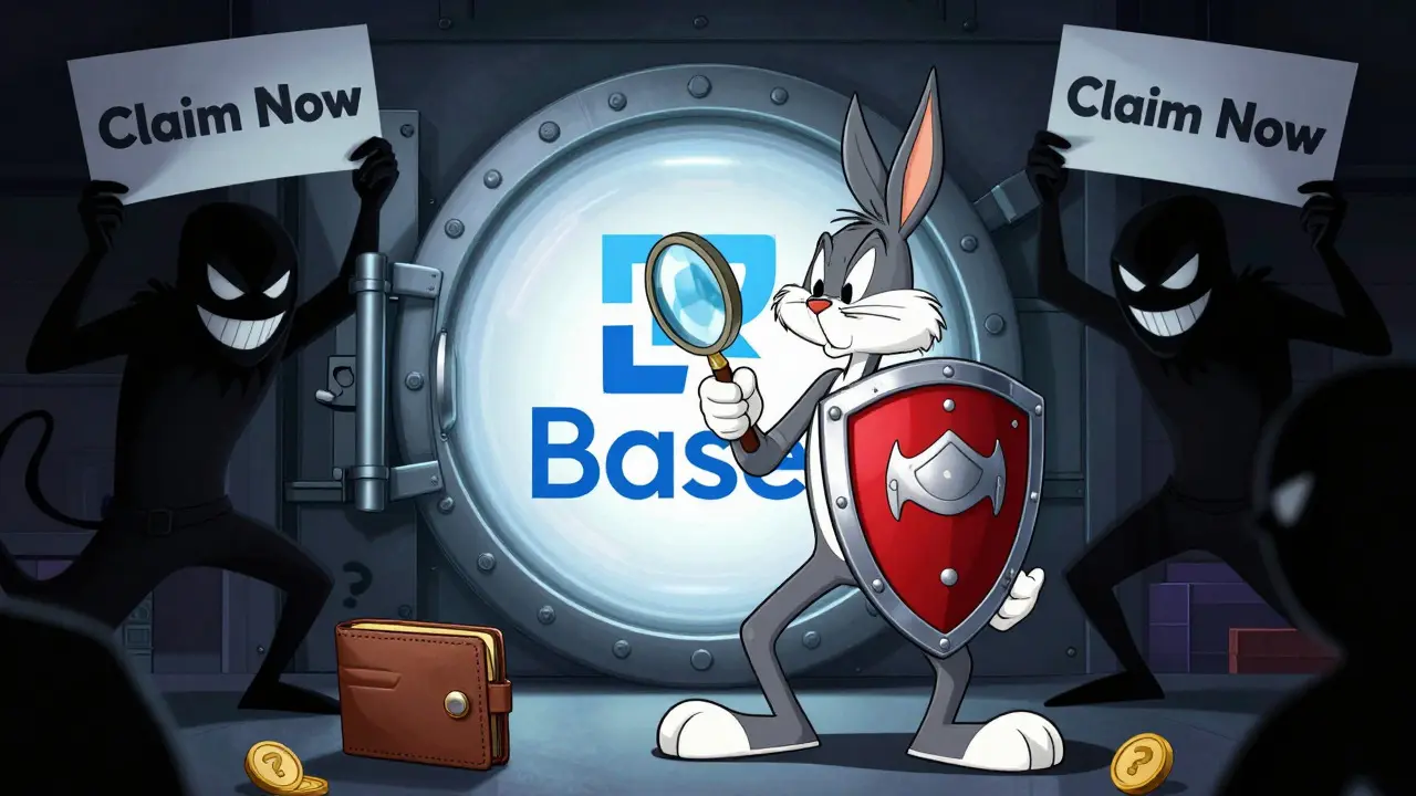 Heroic cartoon character protecting a wallet from scammer shadows