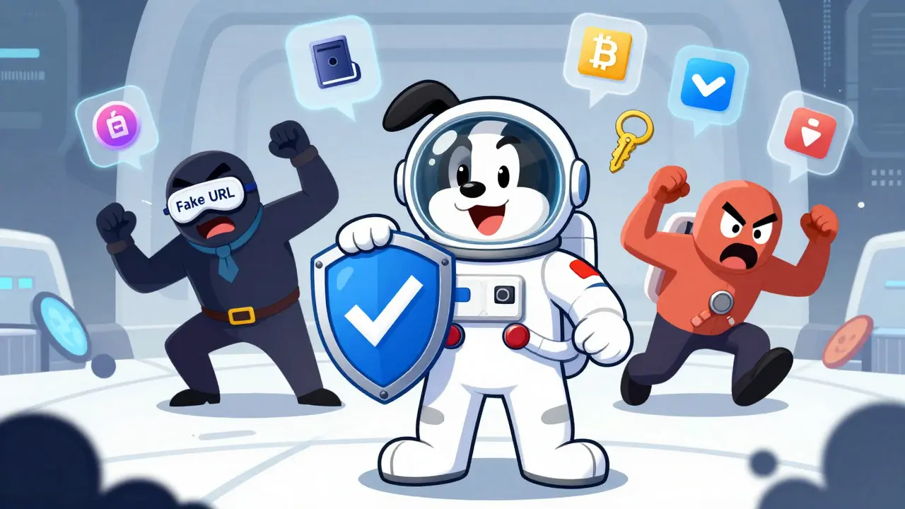 Heroic cartoon dog astronaut defeating scam villains with a security shield.