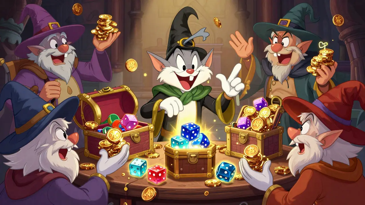 Quirky wizards bidding with dust coins at a lively fantasy NFT auction