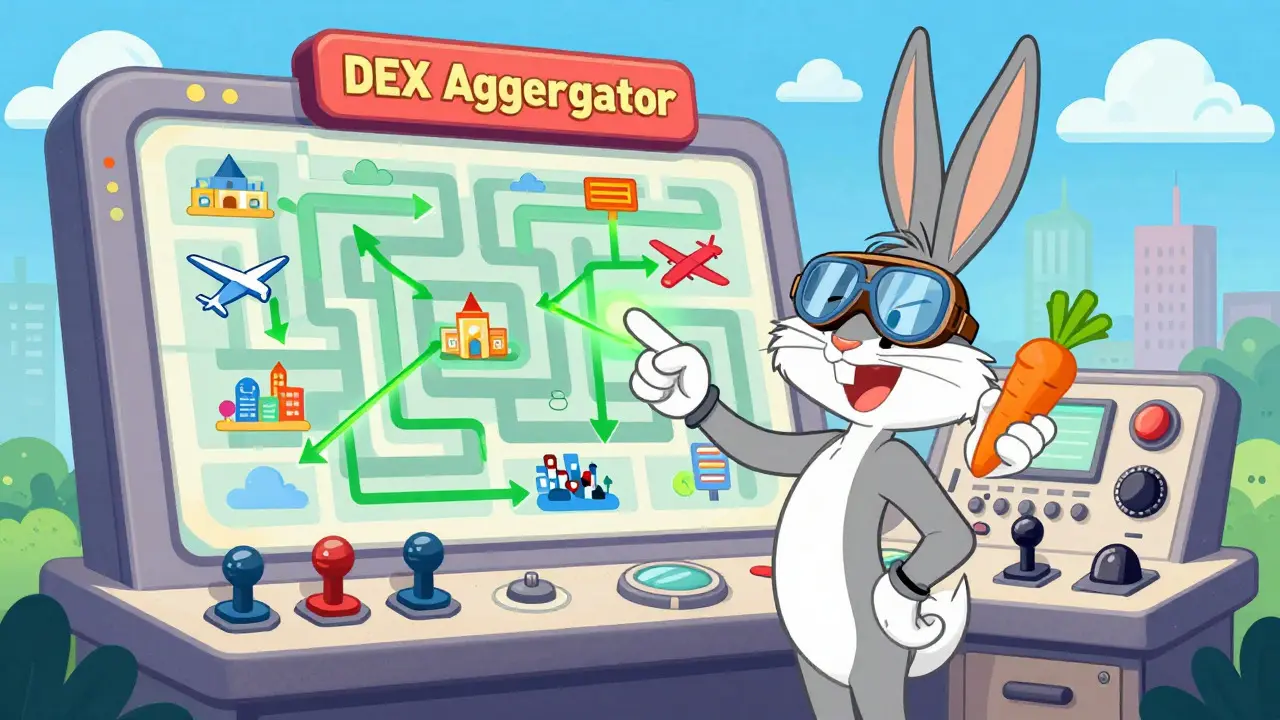 Rabbit character planning the best crypto trade route on a map