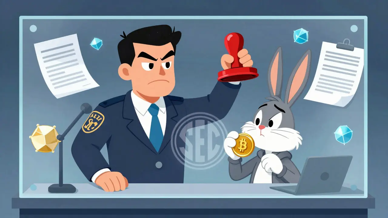 Regulator behind glass barrier watching nervous crypto investor with token