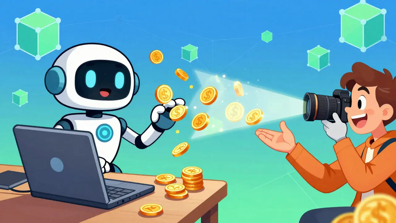 Robot assistant splitting coins instantly between creators via smart contract
