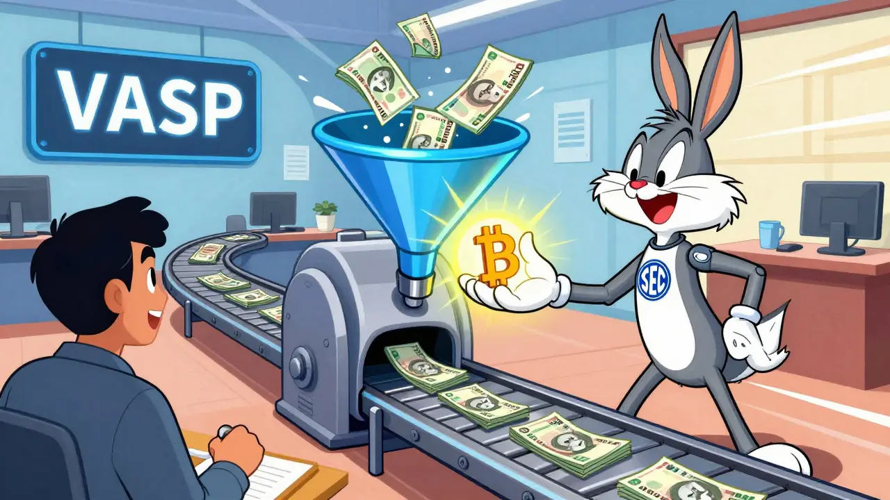Robot converts Bitcoin to Naira in VASP office cartoon