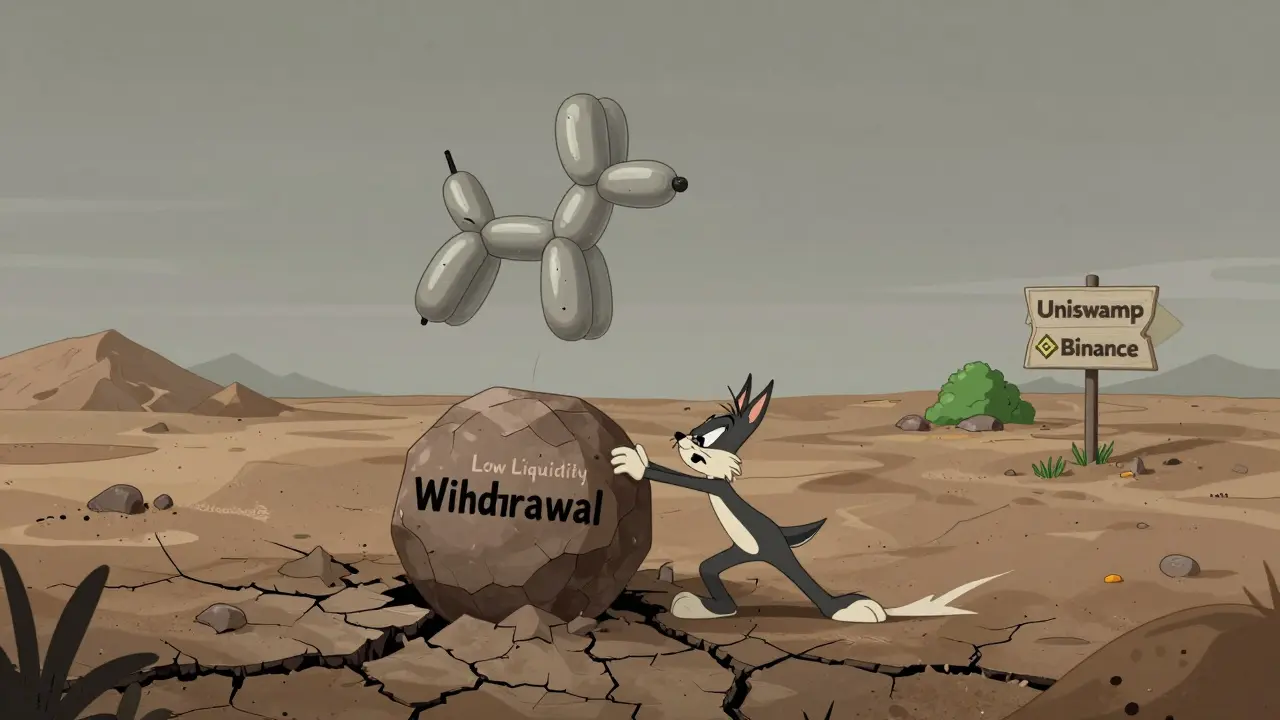 Sad cartoon character struggling to withdraw funds from a dry, abandoned exchange.