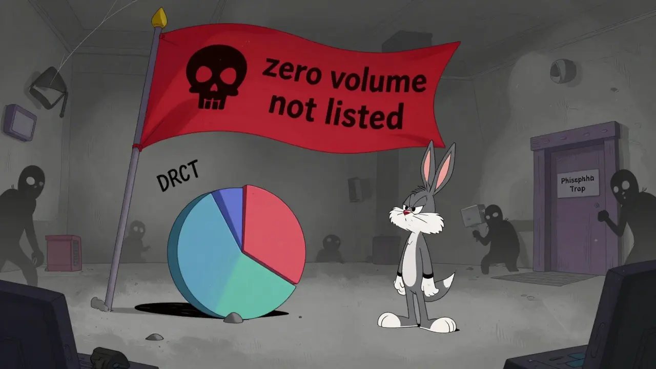 Sad cartoon figure next to empty DRCT chart and red scam warning flag