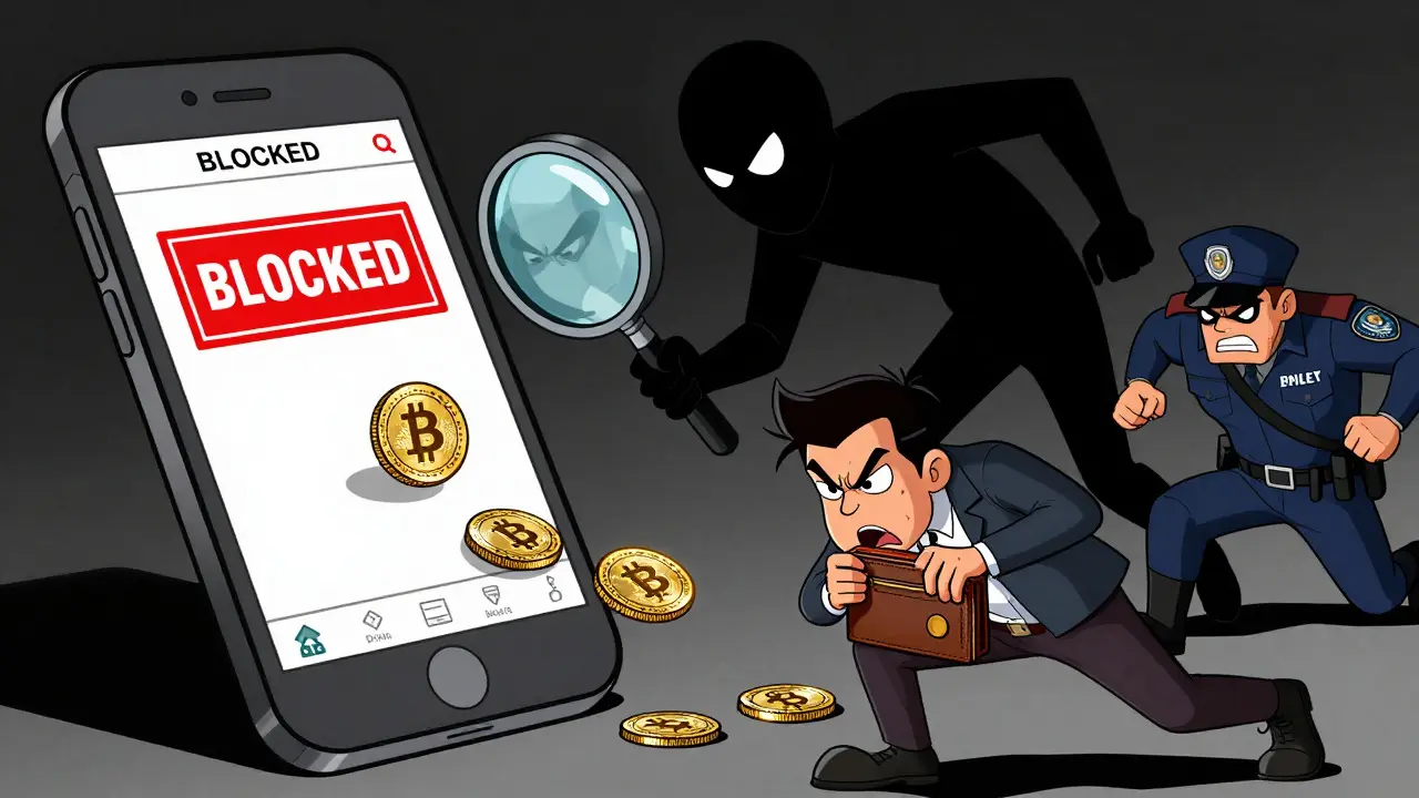 Shadowy agent inspecting digital coins on a blocked mobile payment app.