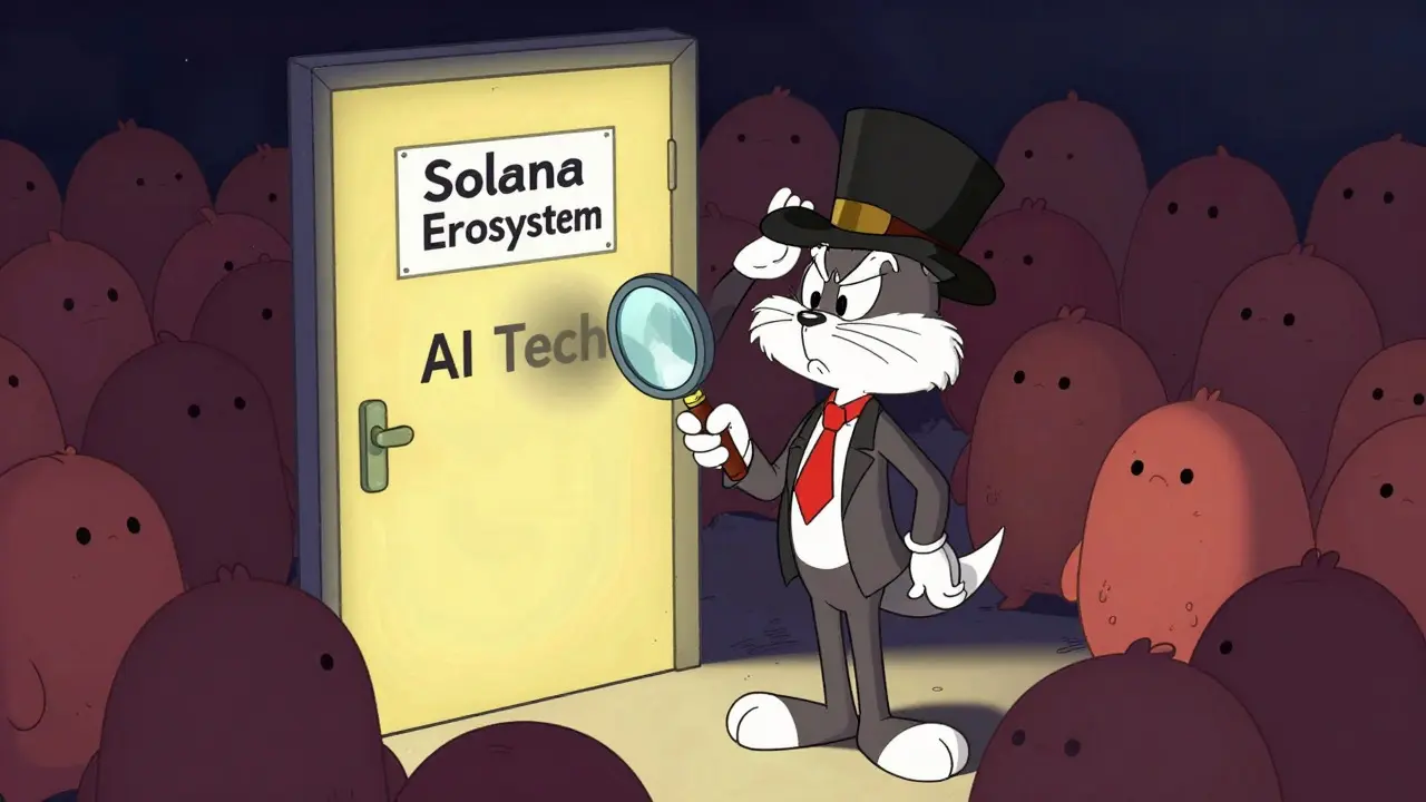Skeptical cartoon detective examining blurry tech in a crowded hallway