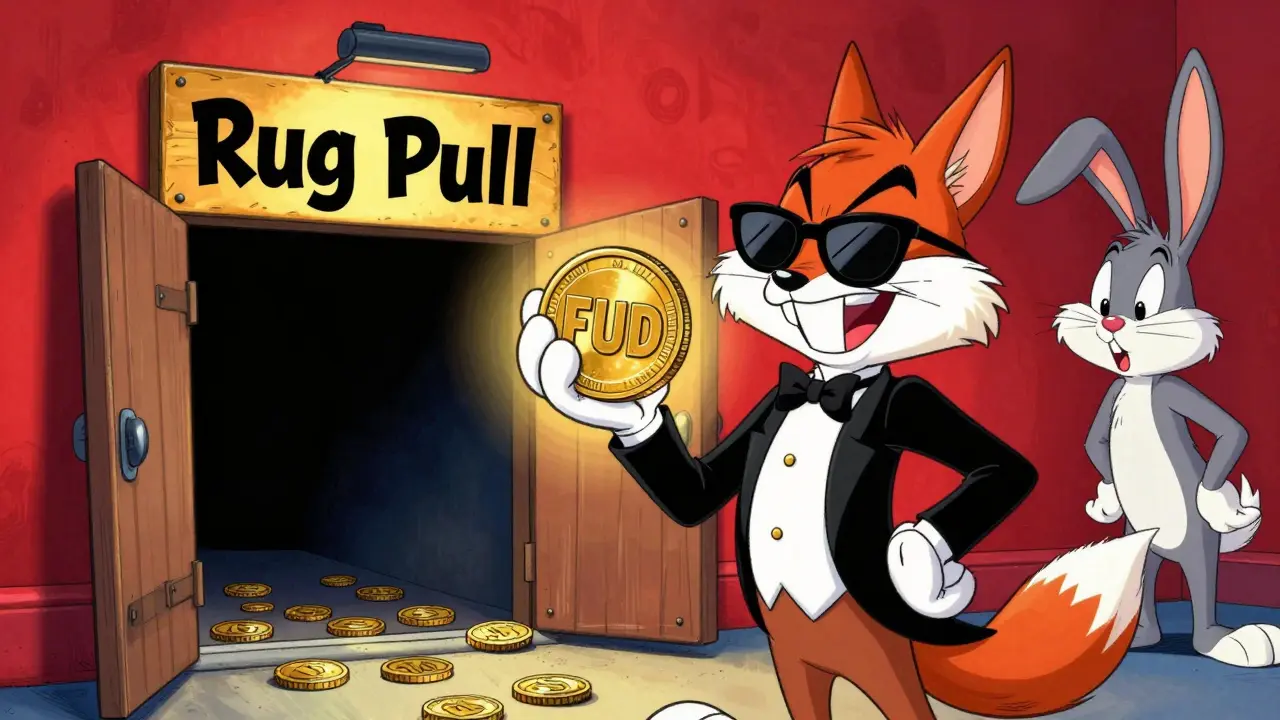 Sneaky cartoon fox offering a fake FUD coin near a rug pull trapdoor.