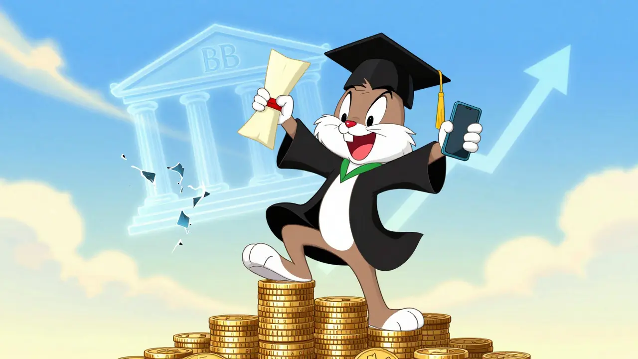 Student celebrating success with crypto-funded diploma