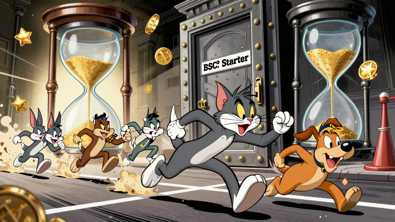 Animals racing towards vault door with hourglass showing time running out