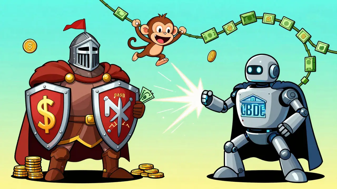 Animated knight defending cash against digital currency robot