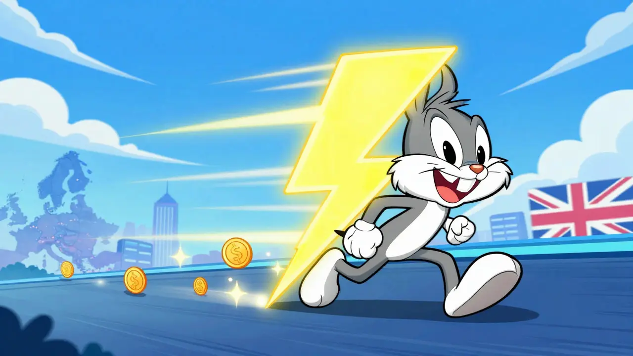 Animated lightning bolt speeding through a European cityscape