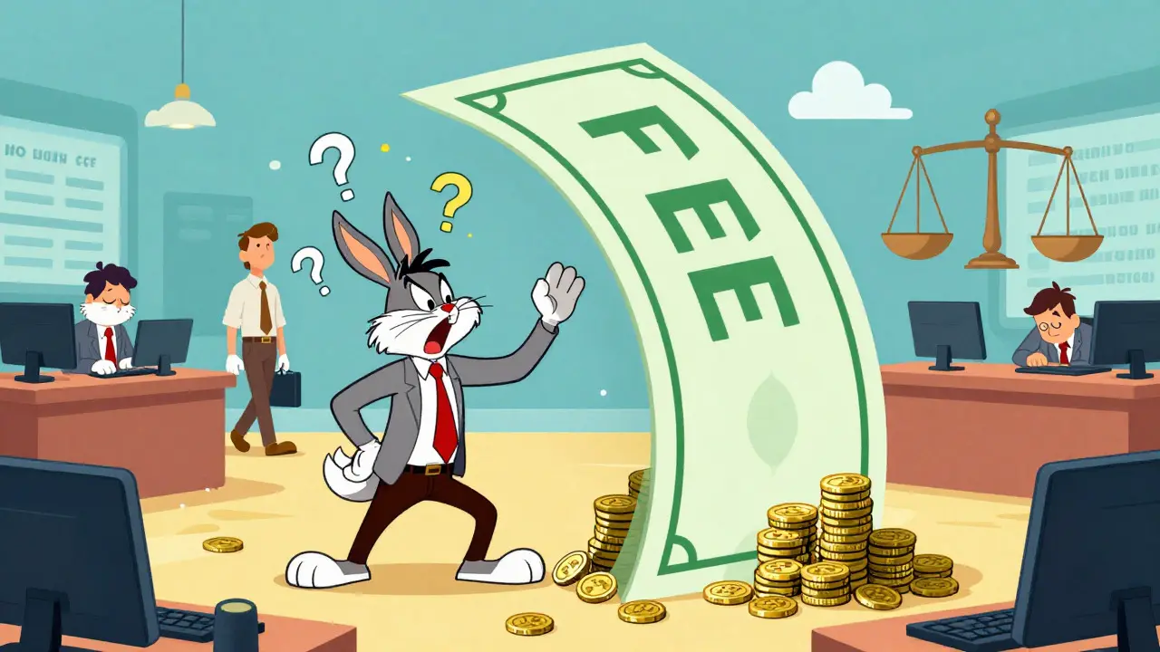 Animated trader blocked by a giant fee bill in an empty trading hall