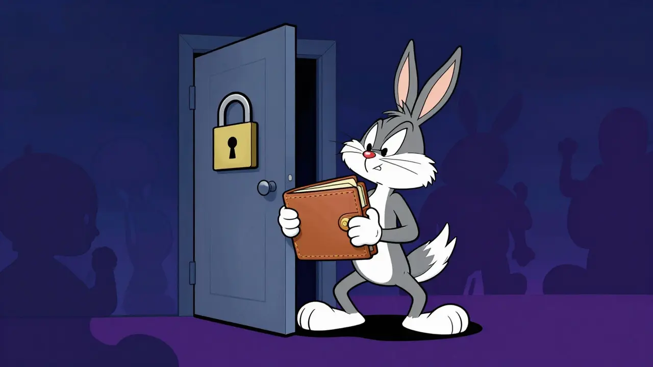 Anxious cartoon wallet squeezing through a narrow security door