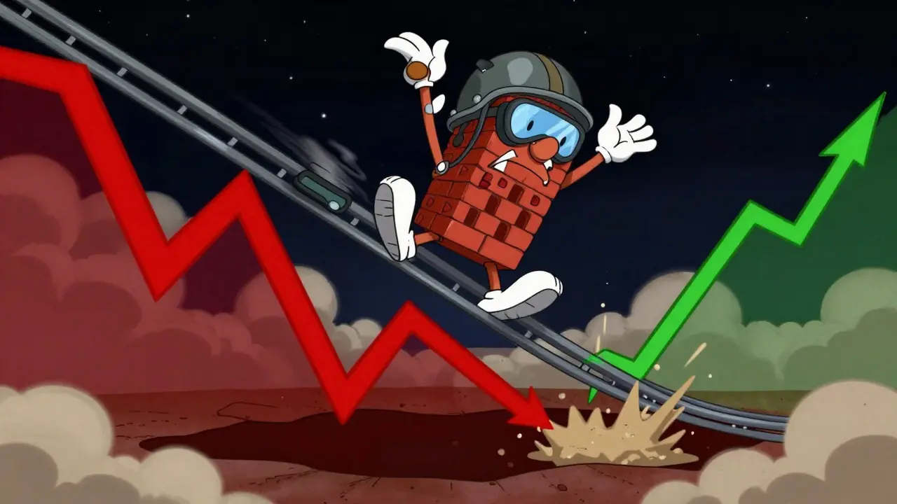 Brick character riding a volatile roller coaster price chart in Looney Tunes style