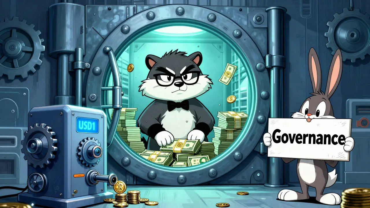 Cartoon badger guarding USD1 vault while rabbit operates lending machine
