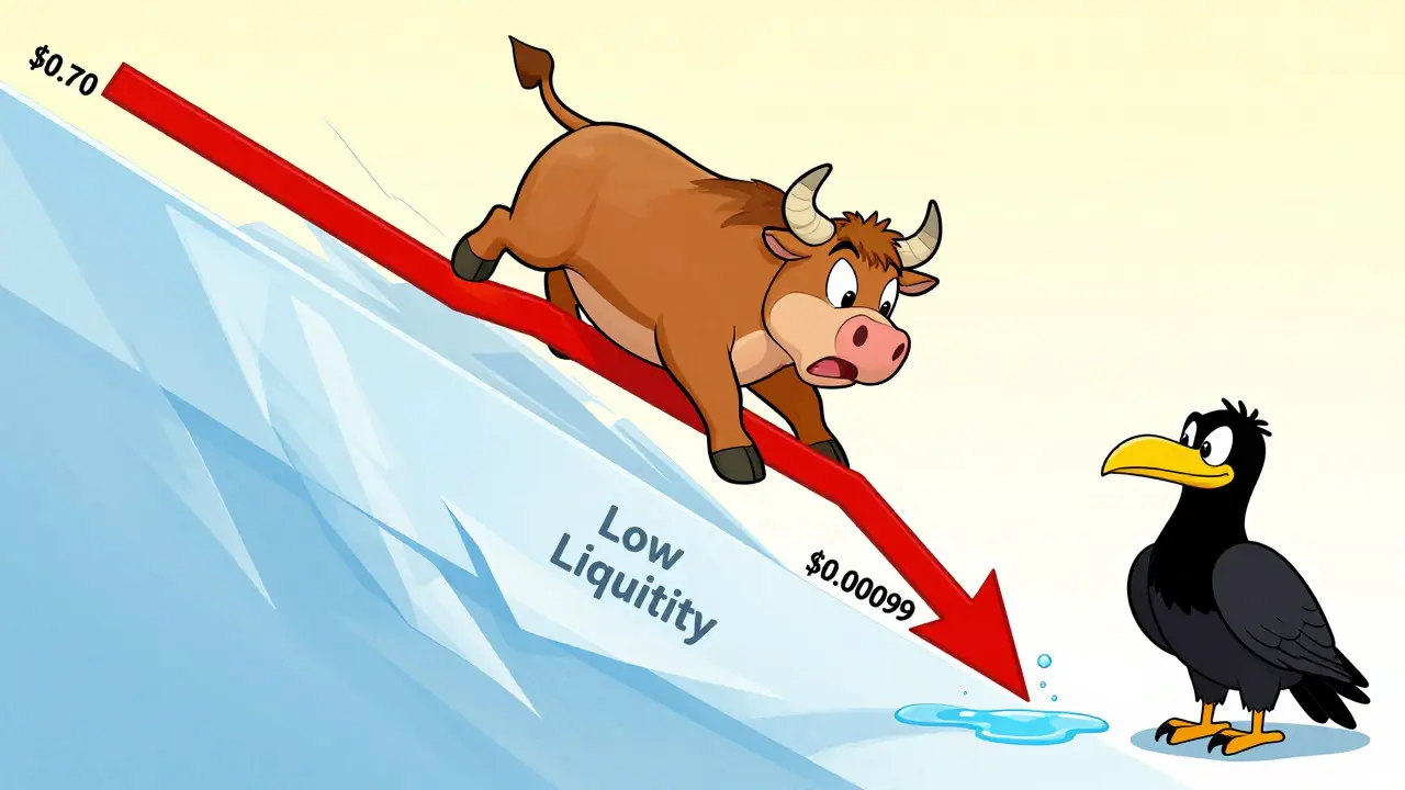 Cartoon bull sliding down a steep price chart due to low volume