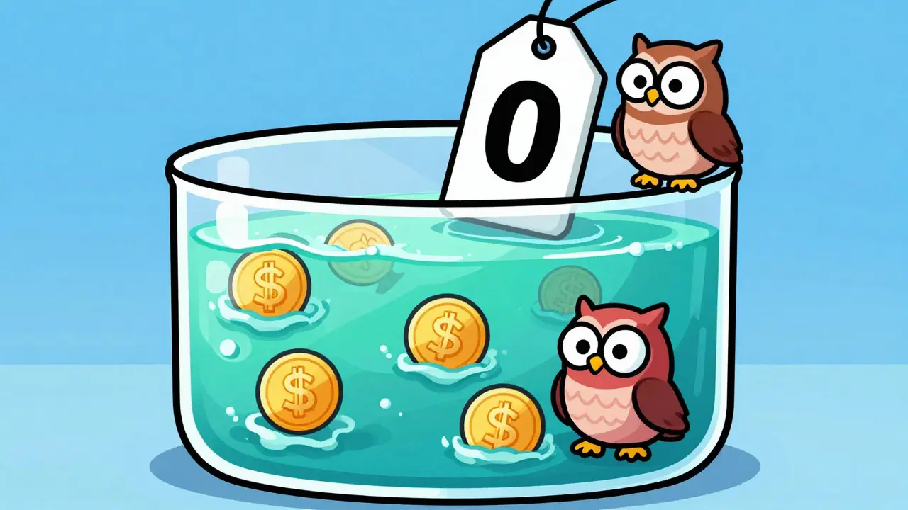 Cartoon characters in a jar with a zero fee sign