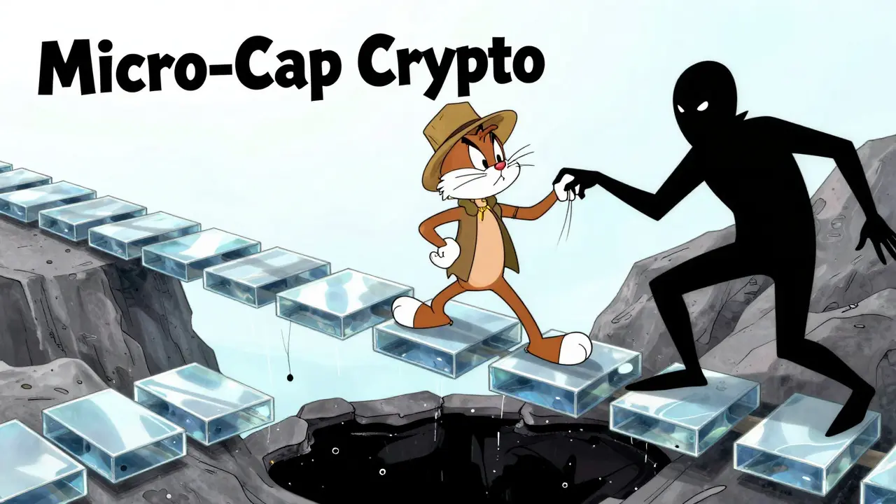 Cartoon explorer walking on a fragile bridge over an abyss, symbolizing crypto risk.