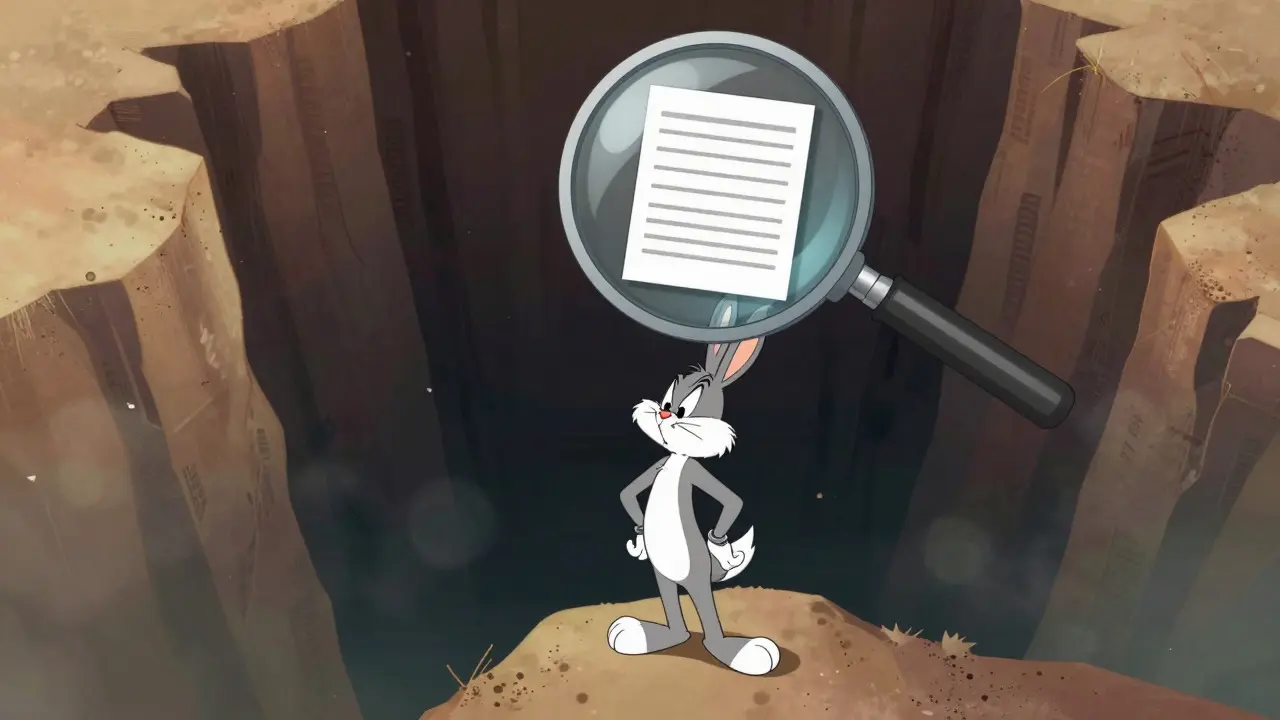 Cartoon figure looking into a dark abyss of digital dust and missing data