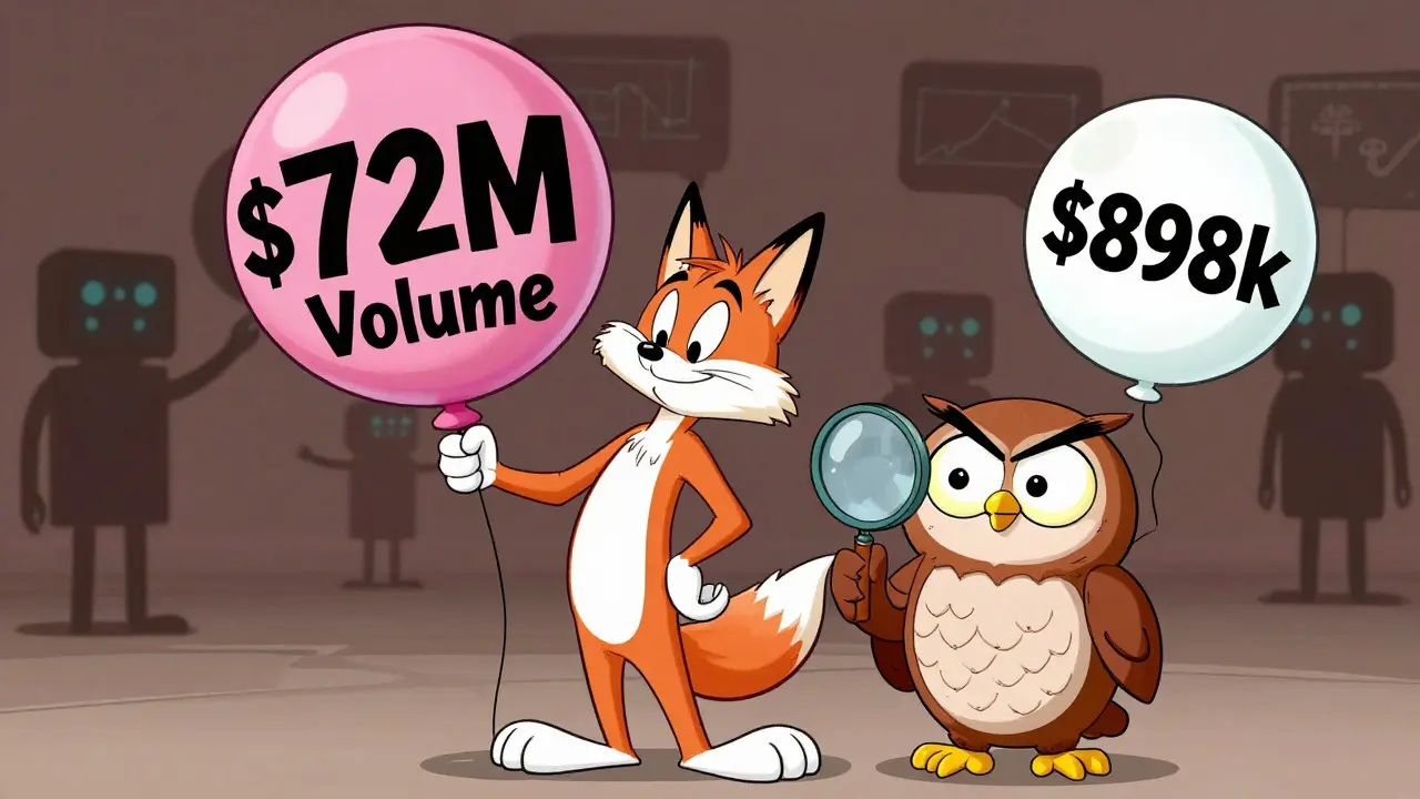 Cartoon fox and owl comparing huge vs tiny volume balloons, hinting at data fraud.