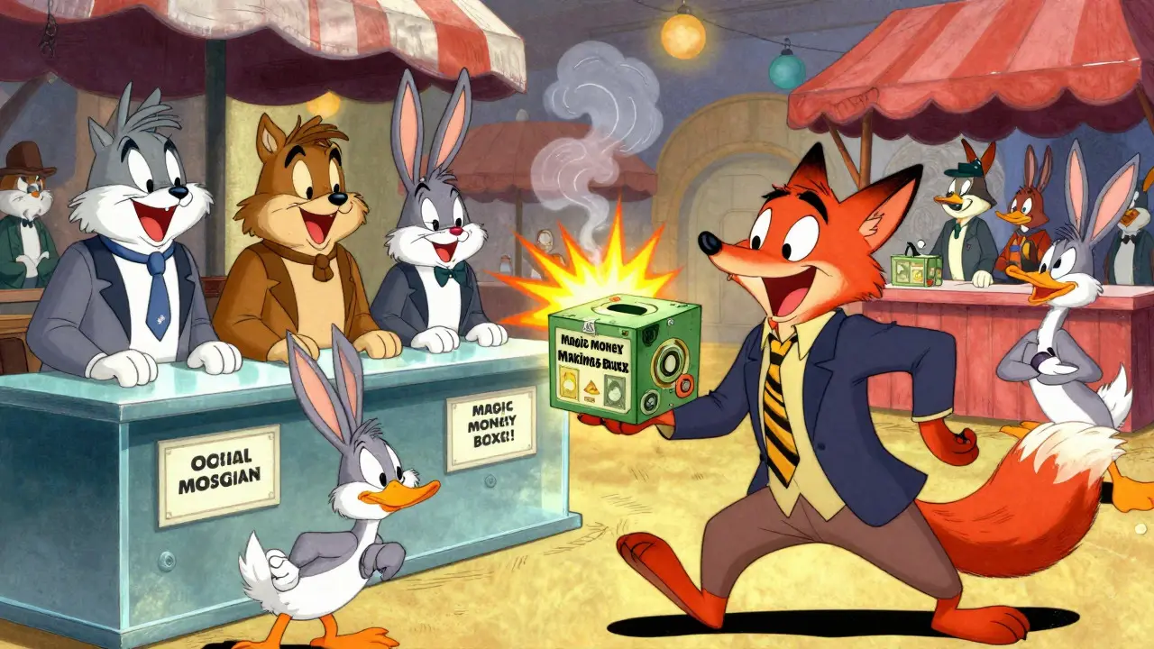 Cartoon fox selling magic boxes to confused animals in a market