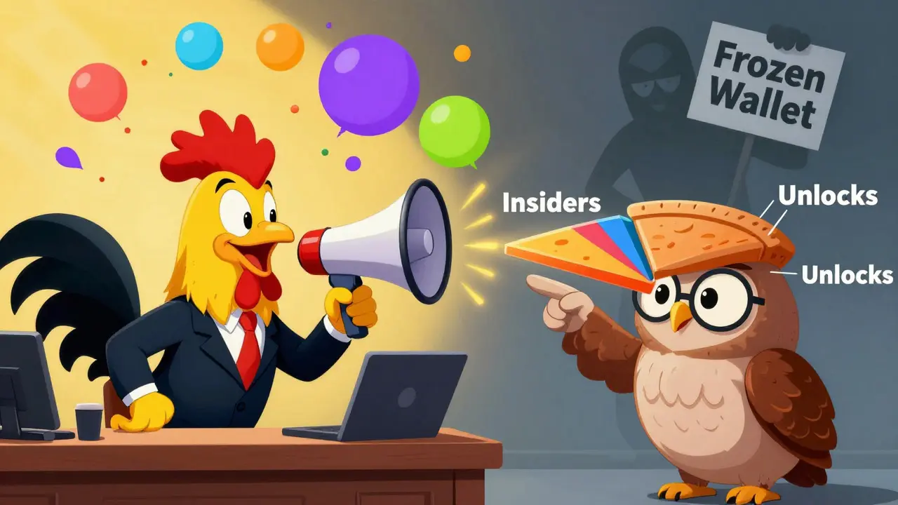 Cartoon rooster hyping crypto while skeptical owl points at insider ownership chart