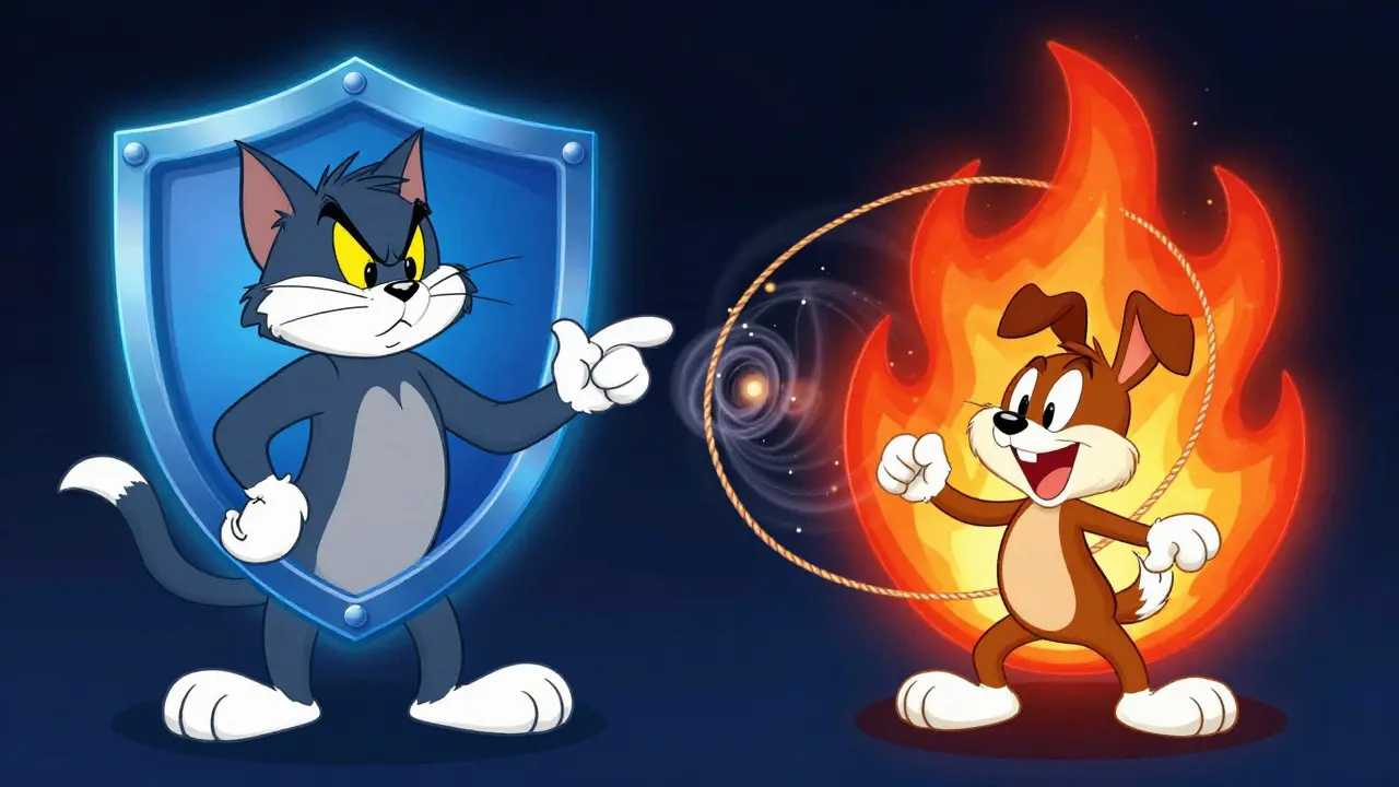 Cat and dog characters representing dual token systems in cartoon style