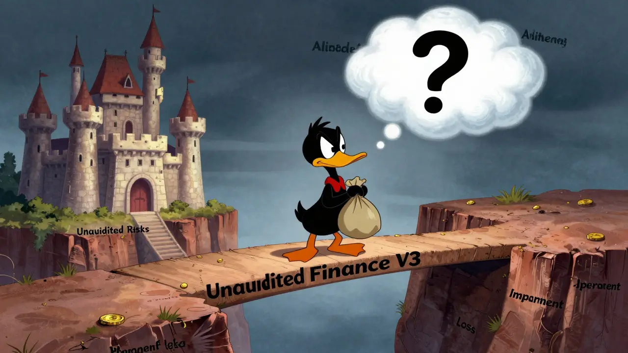 Cautious cartoon character on wobbly bridge over risks, holding coins nervously.