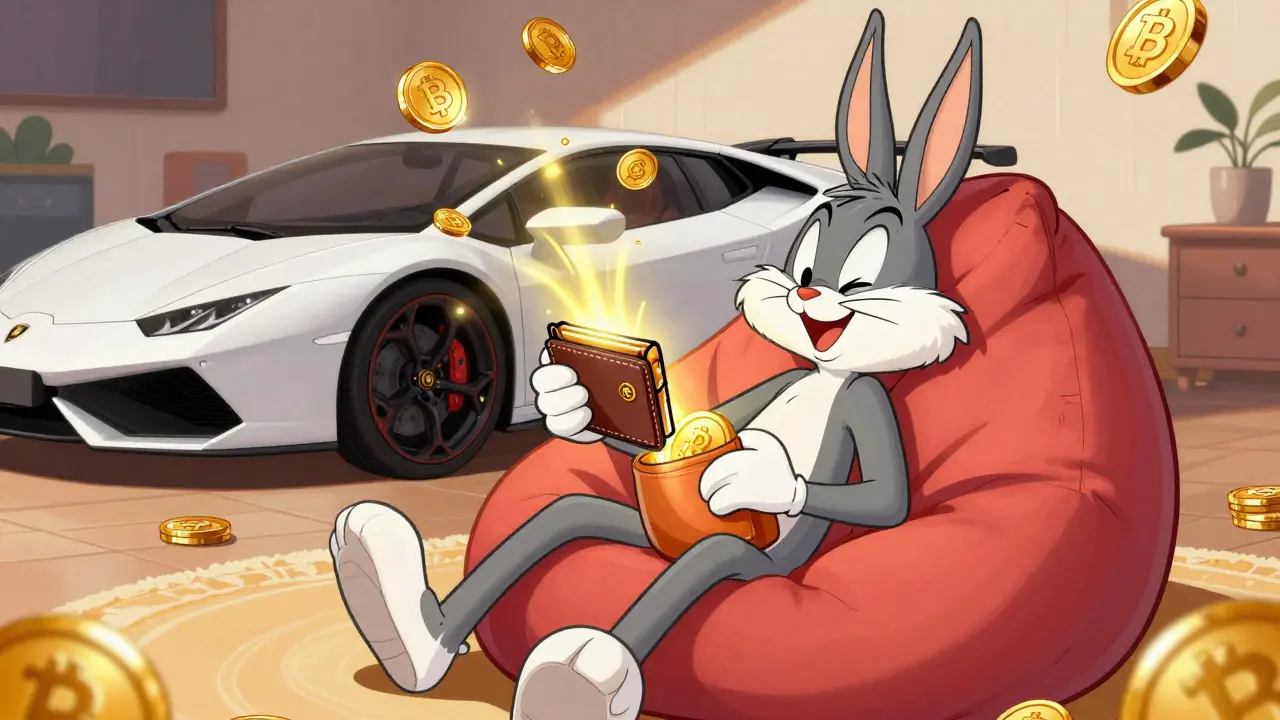 Character receiving automatic coin rewards from a glowing wallet near a sports car