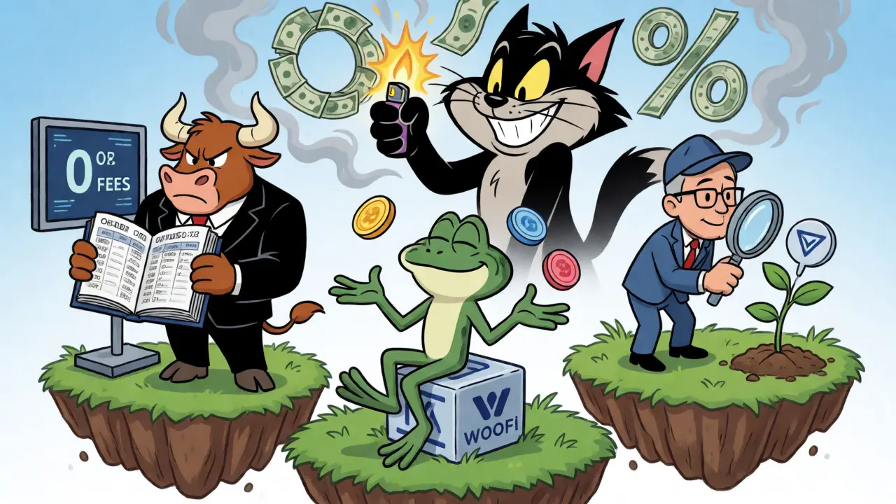 Characters representing WOO X, WOOFi, and Ventures