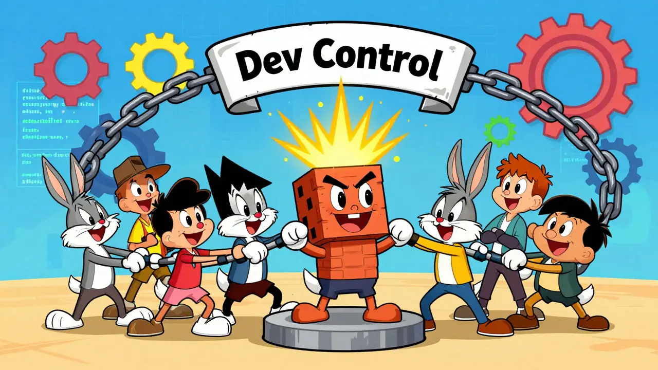 Community characters breaking chains of developer control in cartoon style
