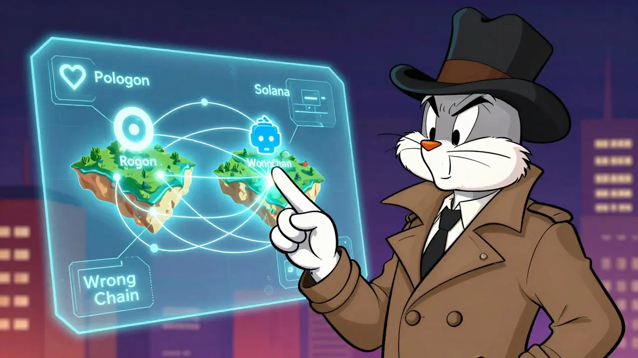 Detective cartoon character verifying blockchain networks on a holographic map.