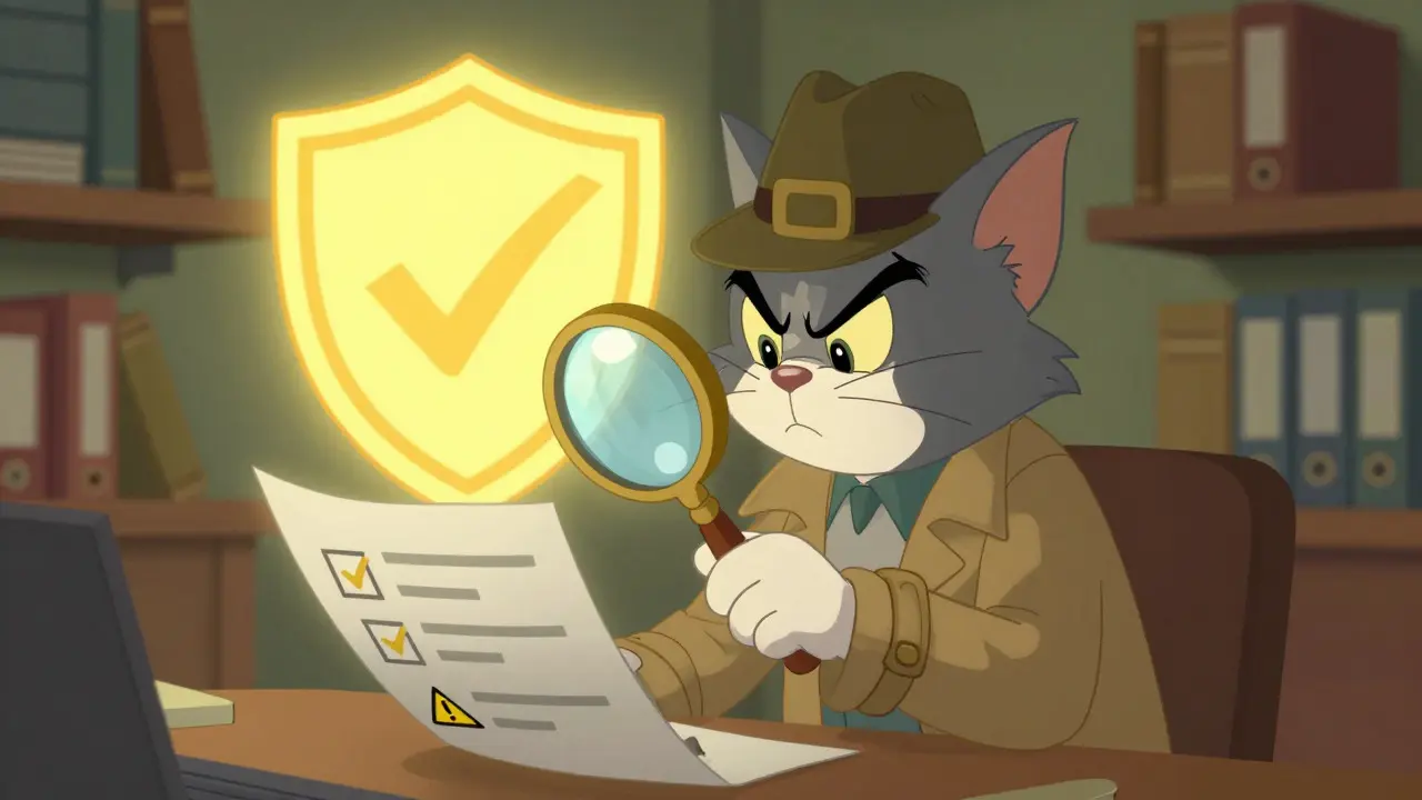 Detective cat verifying airdrop claims with a magnifying glass and shield