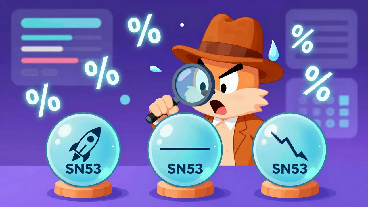 Detective character confused by conflicting crypto price predictions in crystal balls
