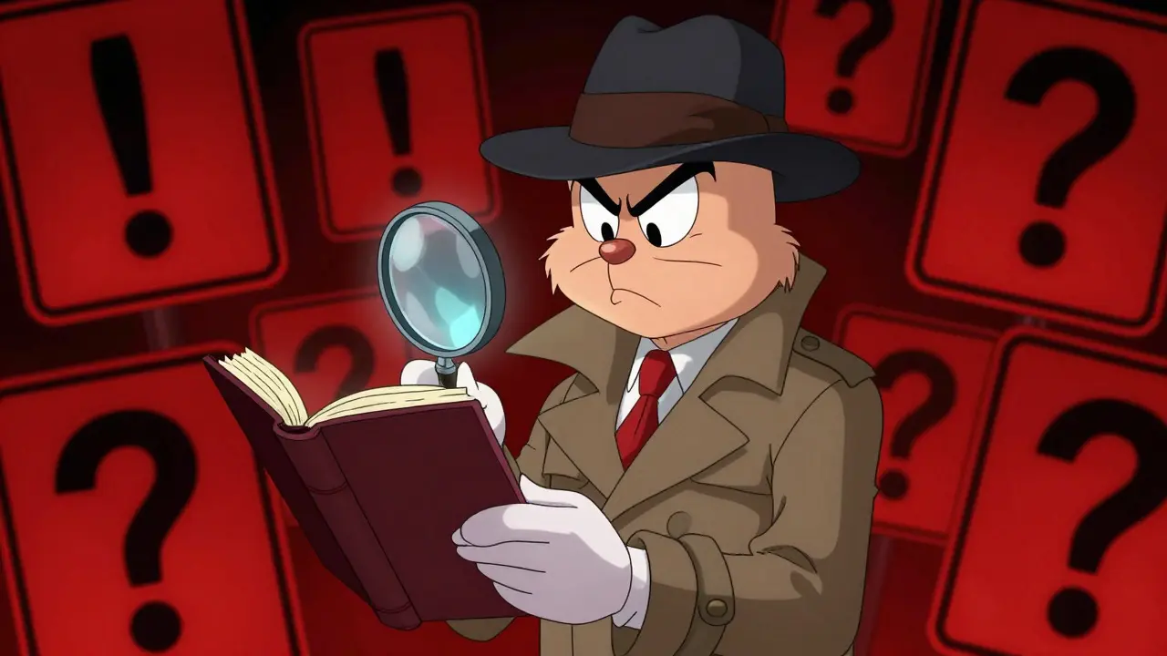 Detective examining an empty ledger with warning signs in background