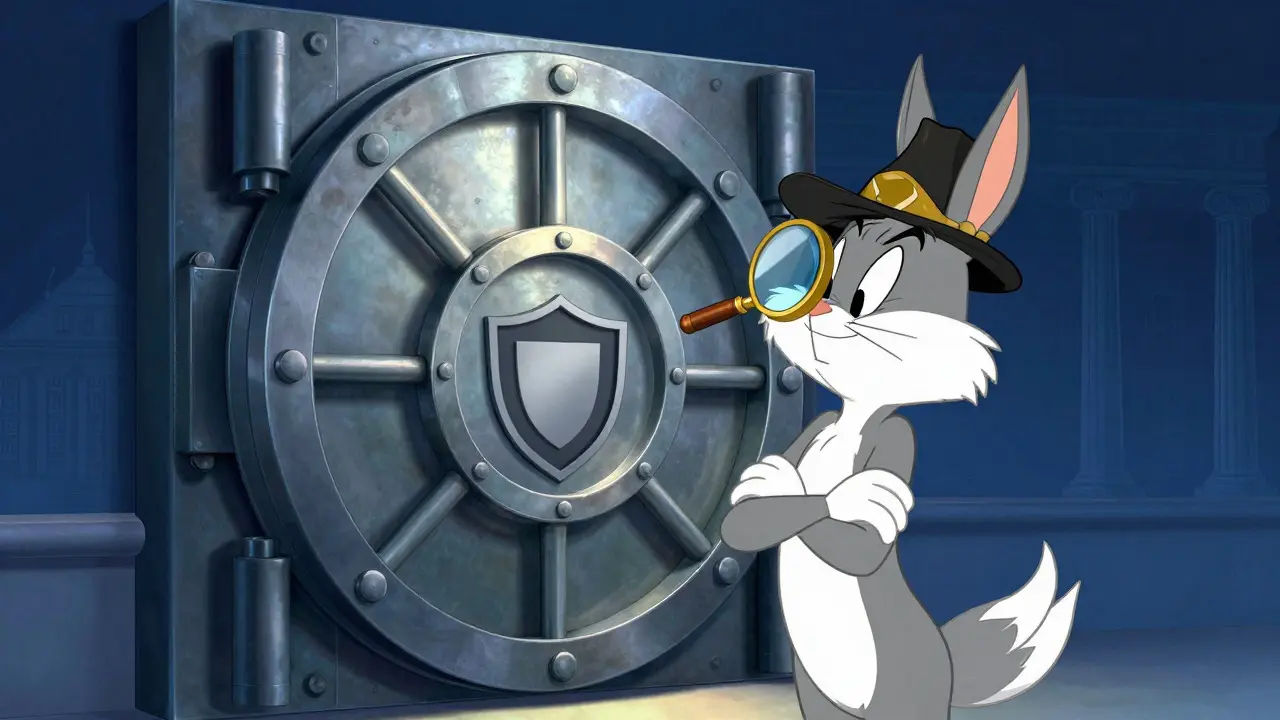 Detective-style cartoon character inspecting a secure crypto vault