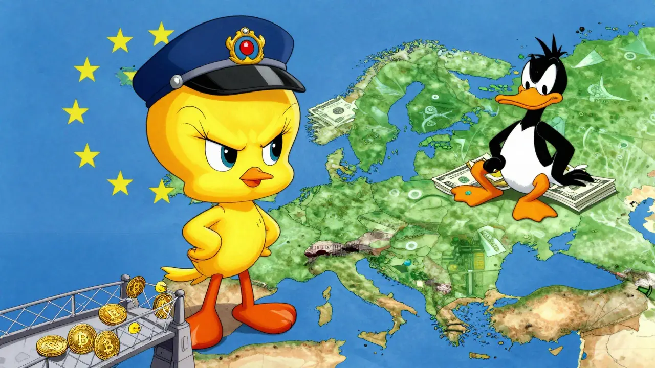 EU regulator bird blocking small crypto transfers while US duck relaxes.
