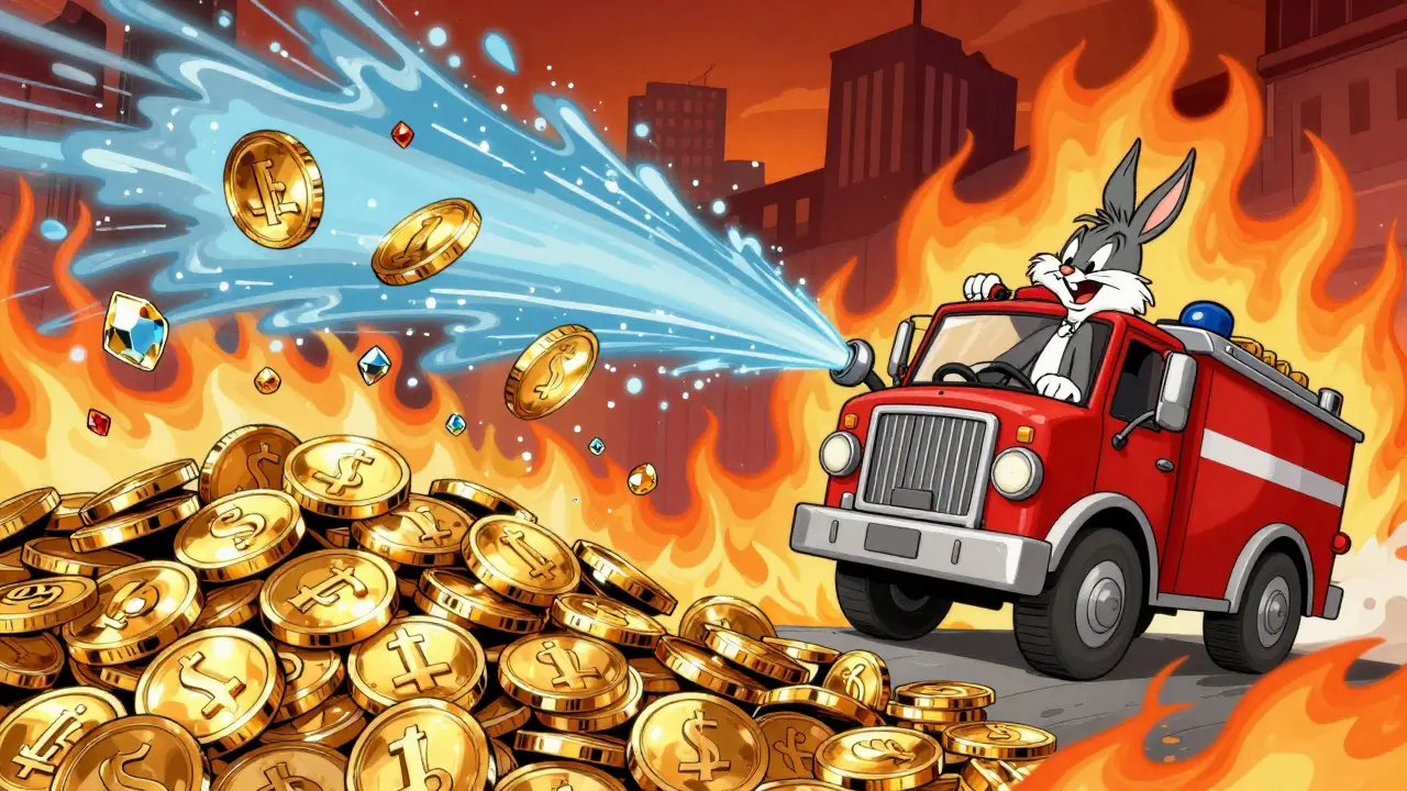Fire truck shrinking a pile of coins into gems in a toon town setting