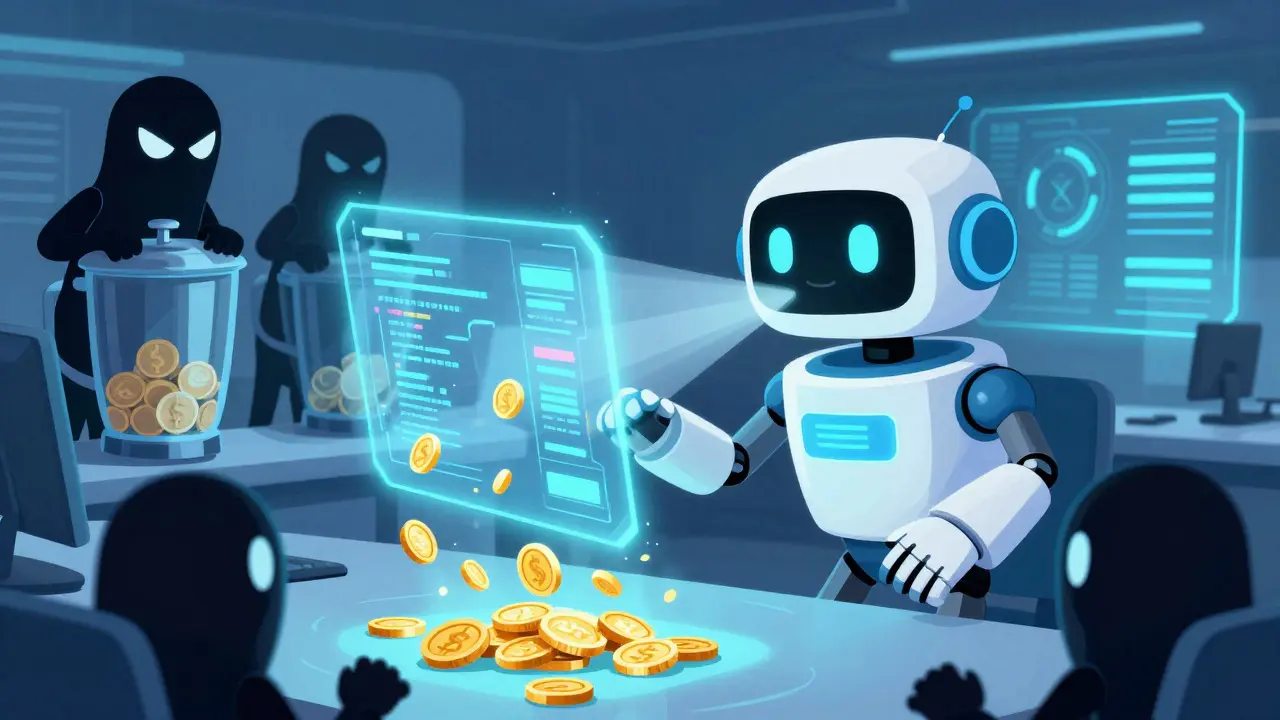 Friendly robot blocking sneaky shadows while sorting digital coins