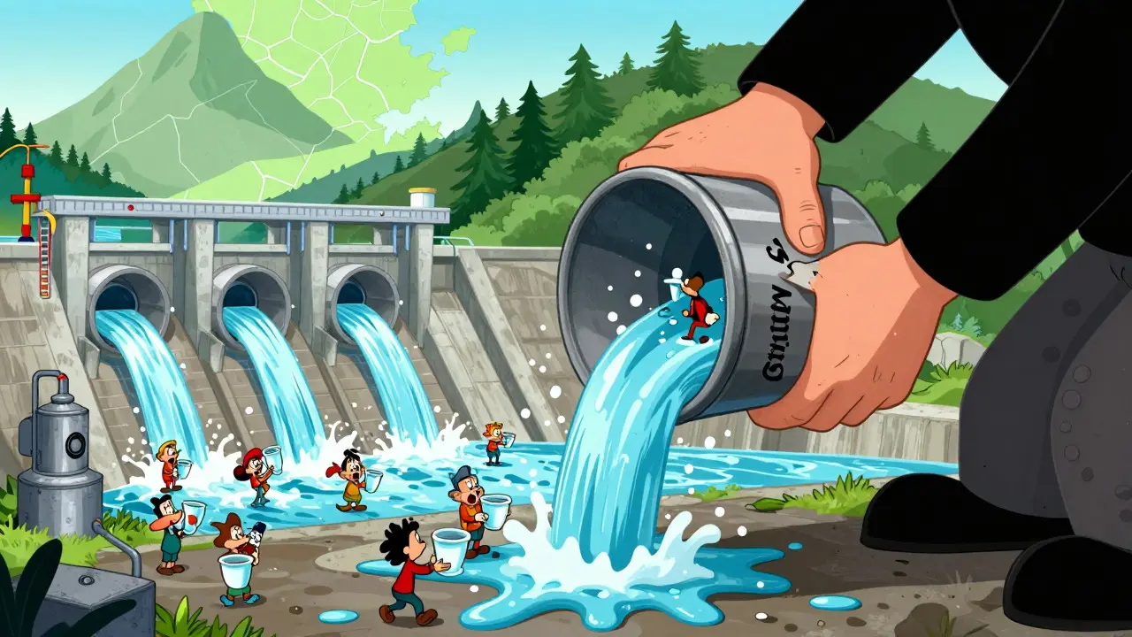Hydroelectric dam water being shared among residents while a greedy hand grabs the supply.