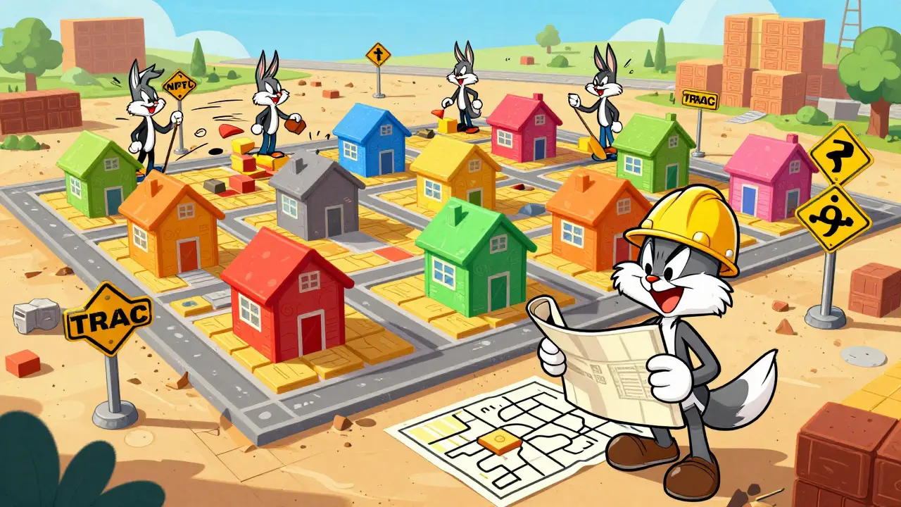 Illustration of characters building maps and signs on a Bitcoin grid, symbolizing TRAC indexing utility