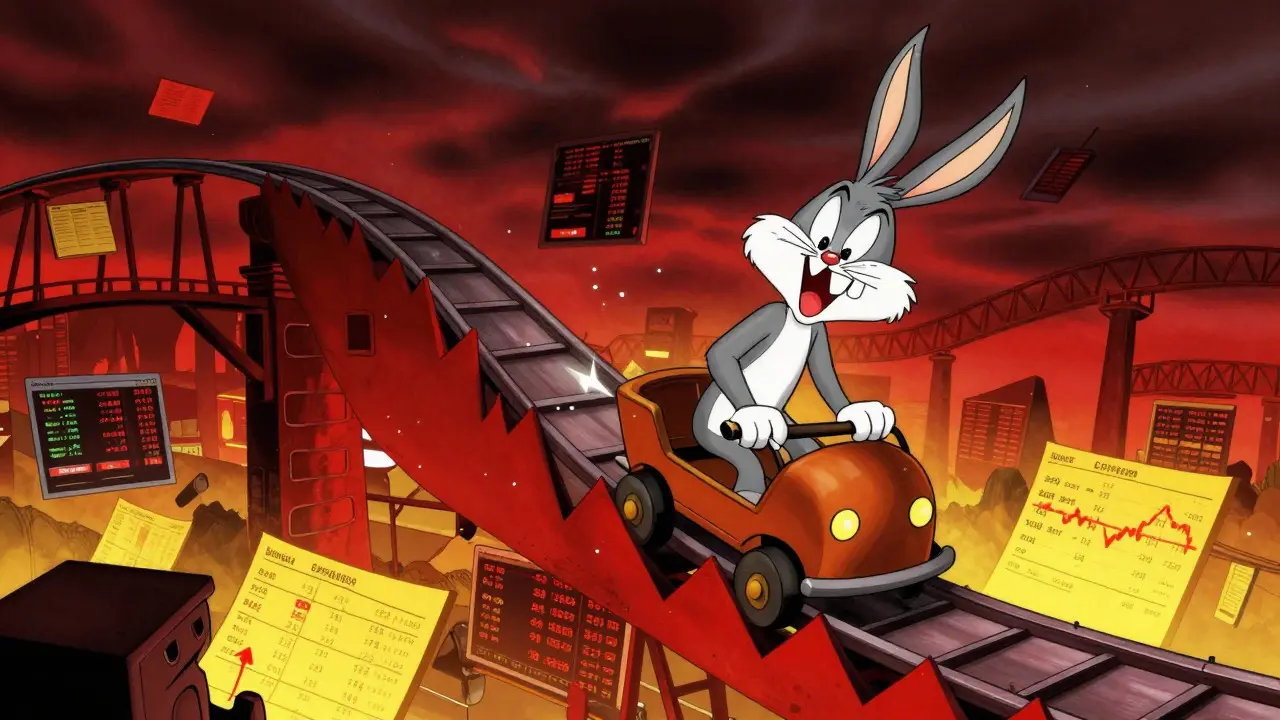 Investor on a crashing rollercoaster representing crypto volatility