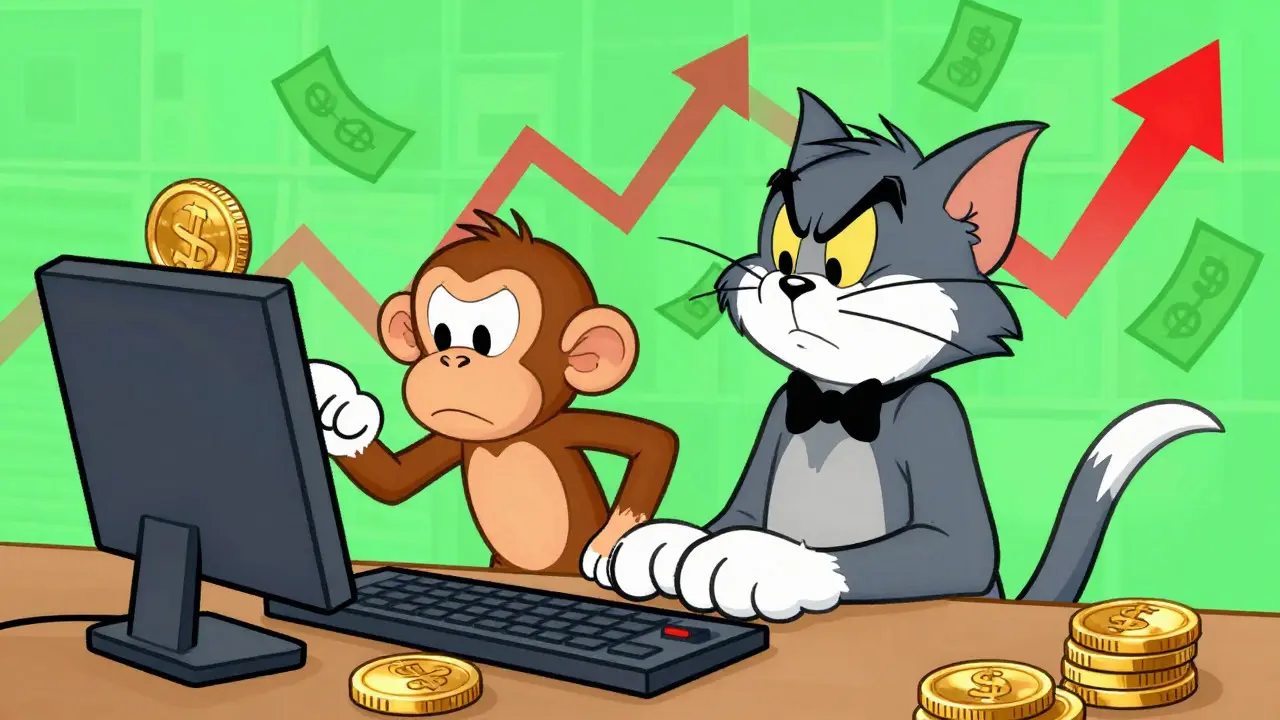 Monkey mimicking a cat's trading actions in a volatile market scene