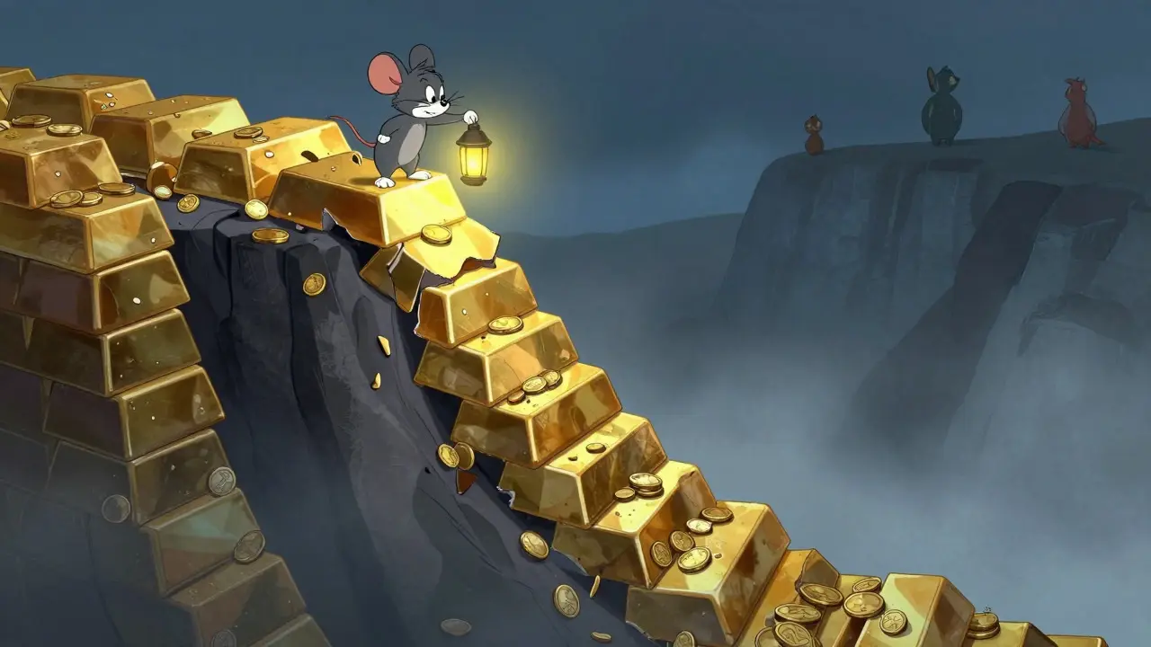 Mouse looking down a steep coin slope in Looney Tunes style
