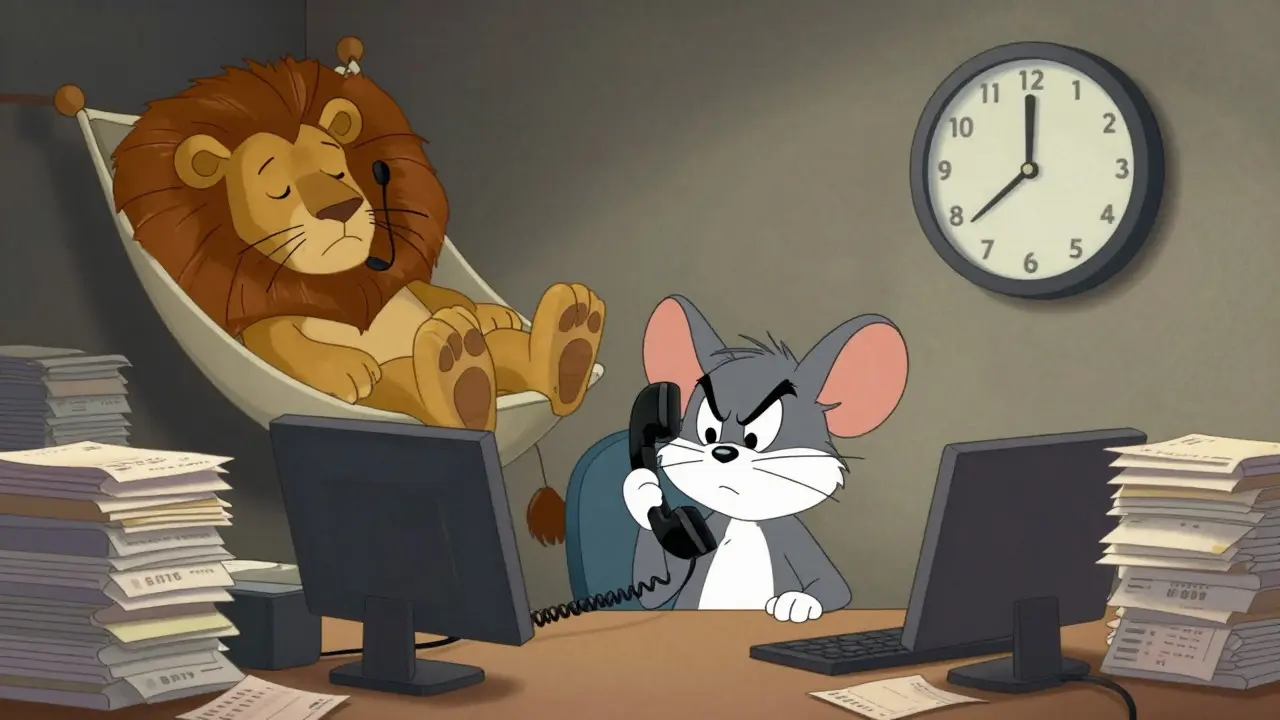 Mouse waiting on hold while a lion sleeps in the background