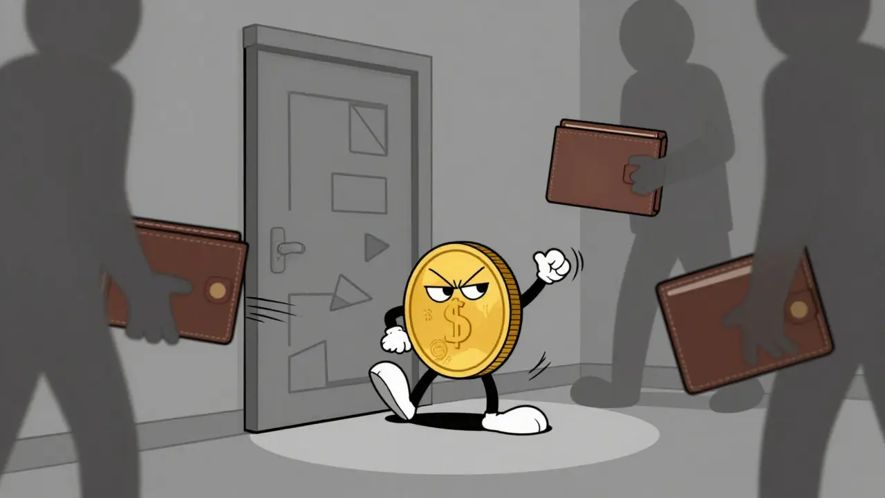 Nervous cartoon coin struggling through a narrow door with large shadowy figures